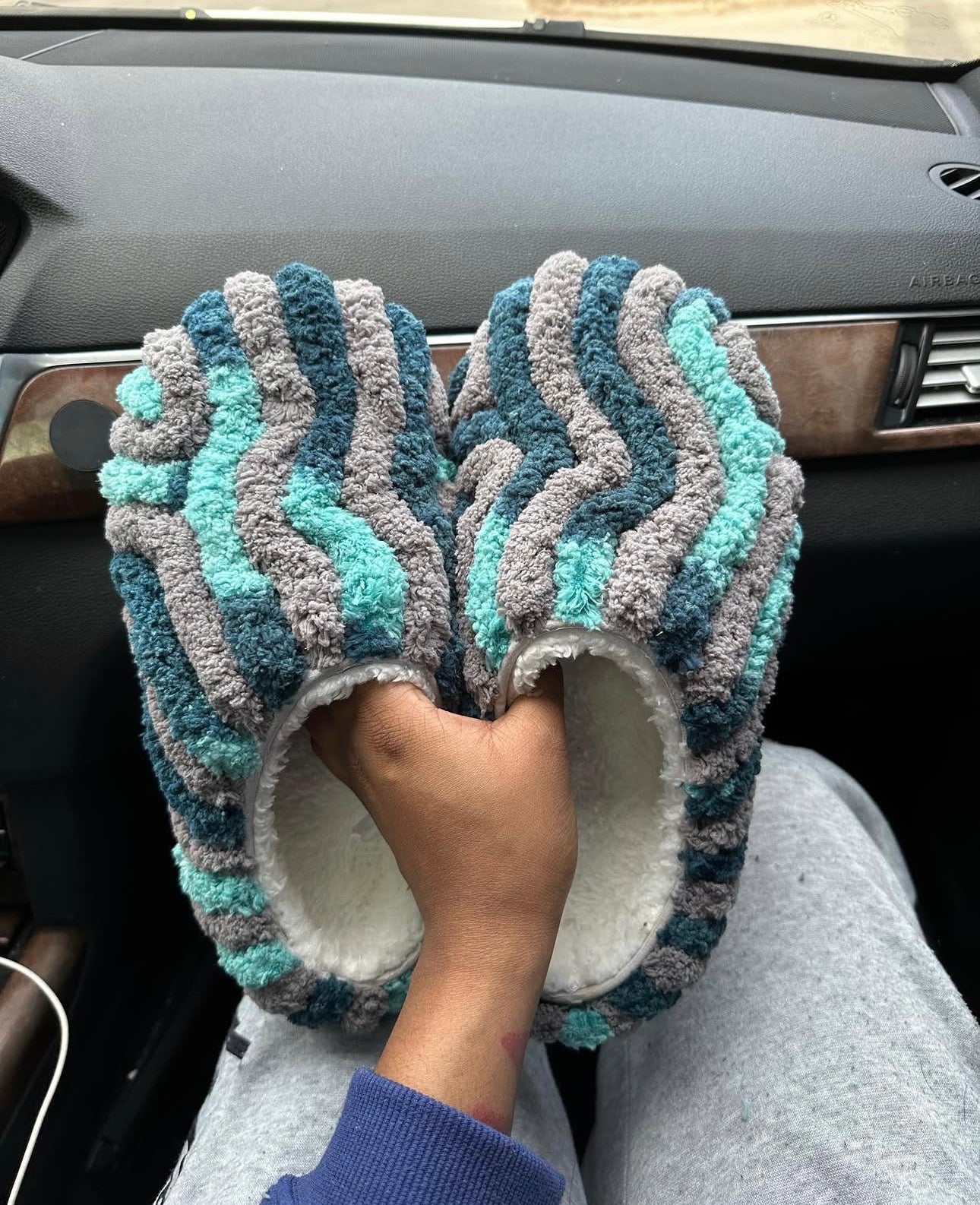 Two tone blue & grey slippers